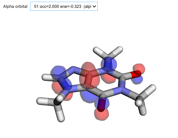 Figure: Interactive exploration of molecular orbitals is available through the OrbitalViewer. Here we show a representative isodensity surface generated with VeloxChem.